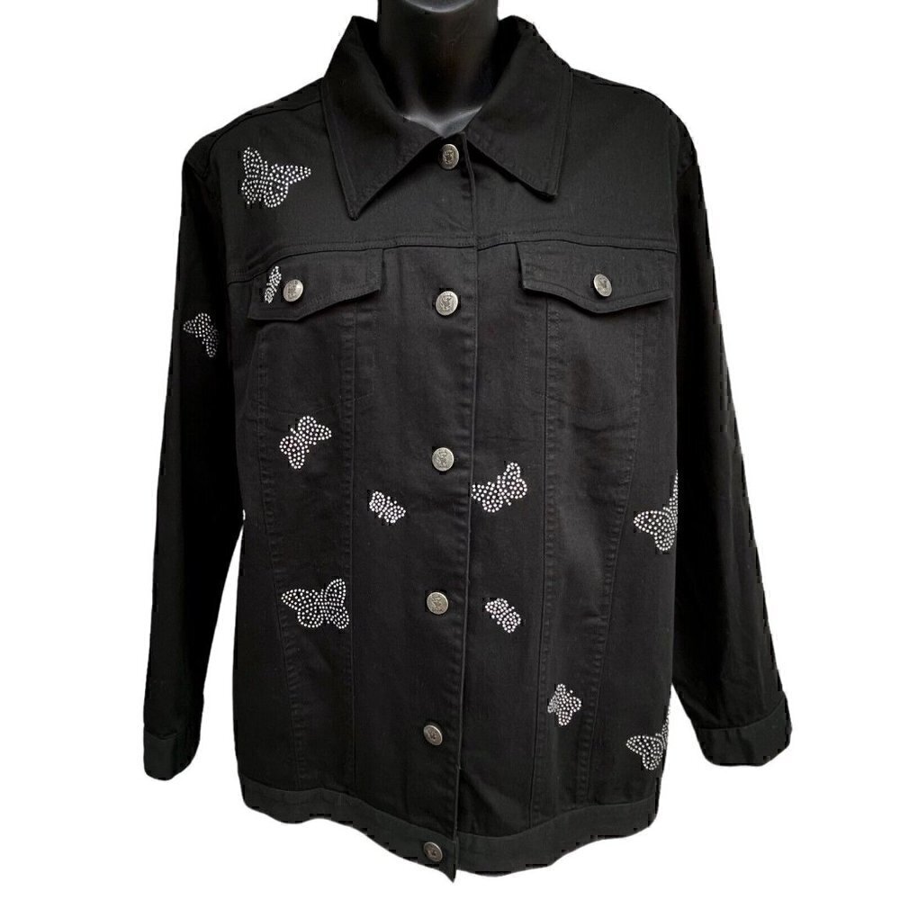 VTG 90s Butterflies Diamond Rhinestones Black Jean Denim Jacket Women’s M